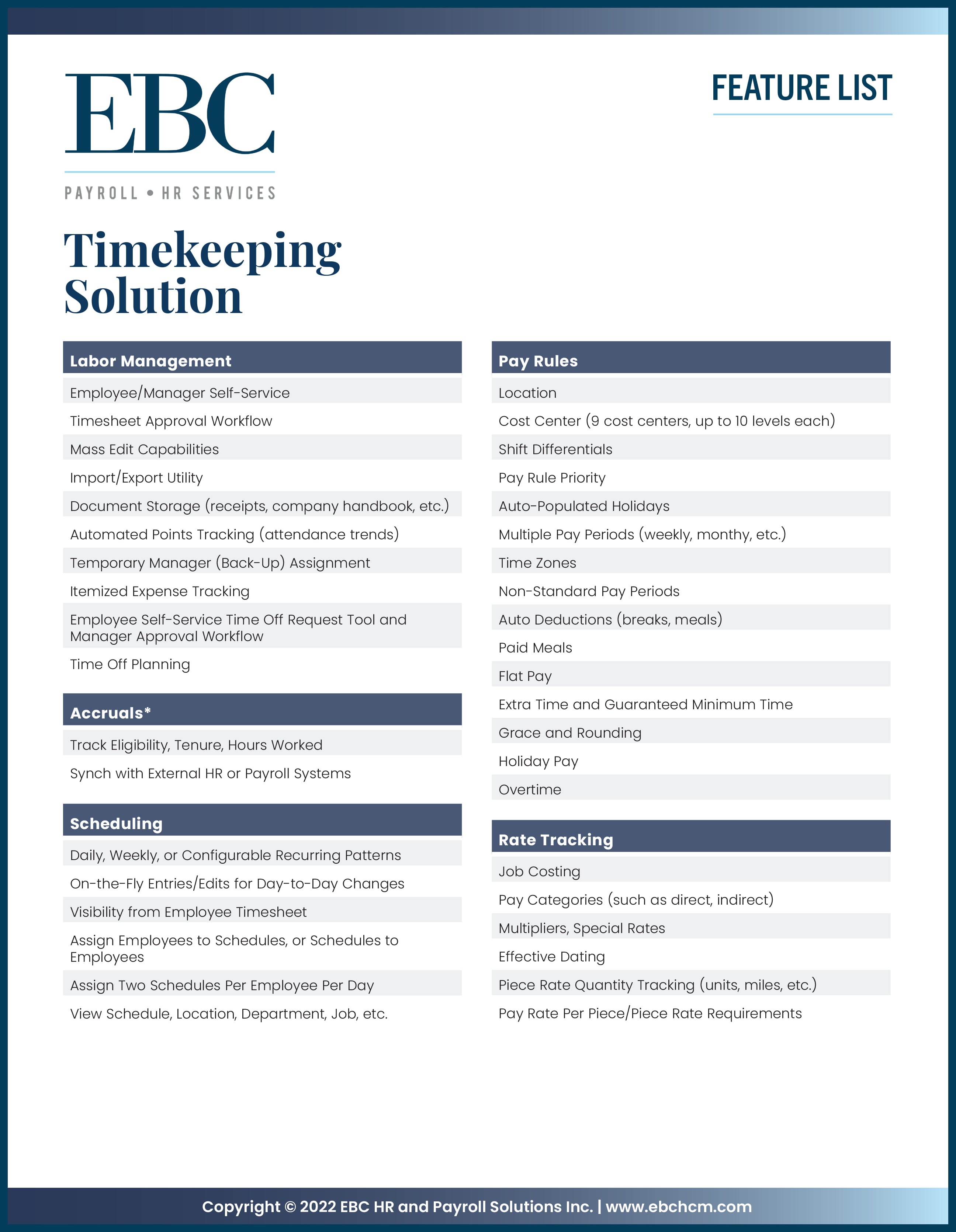 Timekeeping Solution Feature List Download | EBC HCM